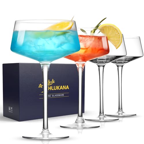 Hlukana Martini Glasses Set of 4, 8 oz Coupe Glass, Premium Crystal Cocktail Glassess, Champagne Coupe Glass, Handblown Drinkware Set, Perfect for Bar, Cocktails, Martinis, Margaritas, Parties