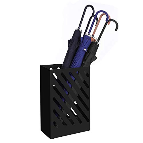 SONGMICS Umbrella Stand, Rectangular Umbrella Holder with Water Tray, Hooks, Hollow-Out Design, Black ULUC03BK