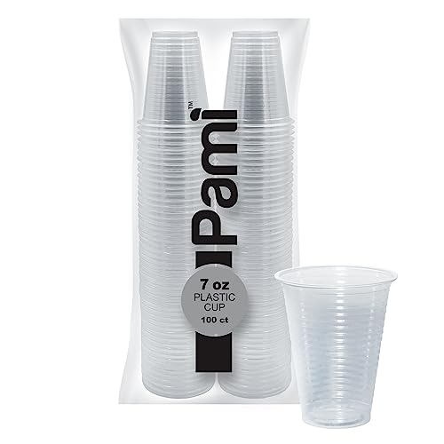 PAMI 7oz Clear Plastic Cups [Pack of 100] - Disposable Drinking Glasses Bulk - BPA-Free Party Cups For Iced Tea, Smoothies, Jello, Punch, Cocktails & Cold Drinks- Throw-Away Mouthwash, Bathroom Cups