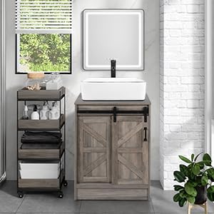 Puluomis Bathroom Vanity, 24 inches Barn Door Modern Wood Fixture Stand Bathroom Cabinet with Bathroom Square White Ceramic Vessel Sink Top