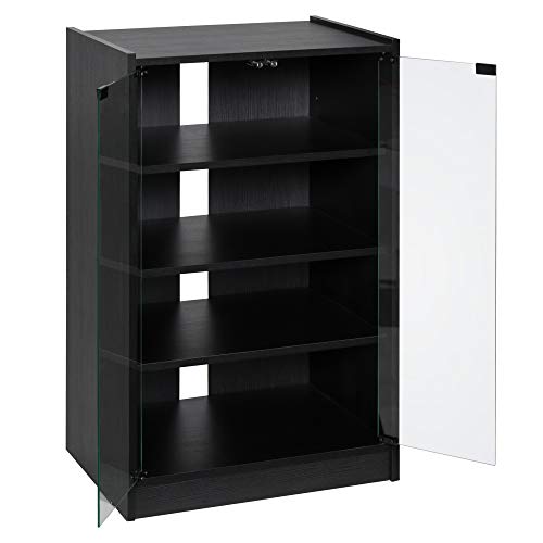 HOMCOM 5-Tier Media Stand Cabinet with 3-Level Adjustable Shelves, Tempered Glass Doors, and Cable Management, Black