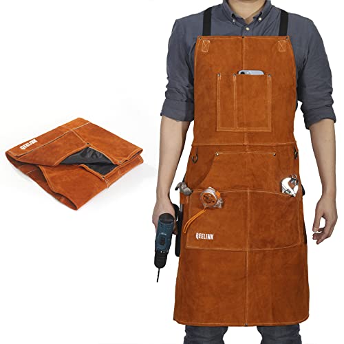 QeeLink Leather Welding Work Apron with 6 Tool Pockets, Heat & Flame Resistant Apron, 24