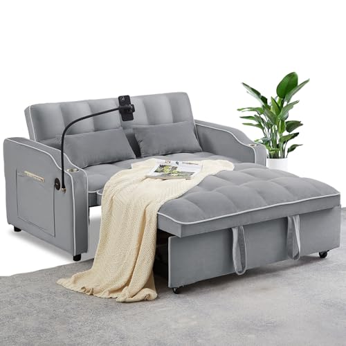 Rovibek 3 in 1 Convertible Sleeper Sofa Bed Pull Out Couch Futon Loveseat Velvet Chaise Lounge with 2 Pockets and 2 Pillows for Living Room, Full Size, Grey