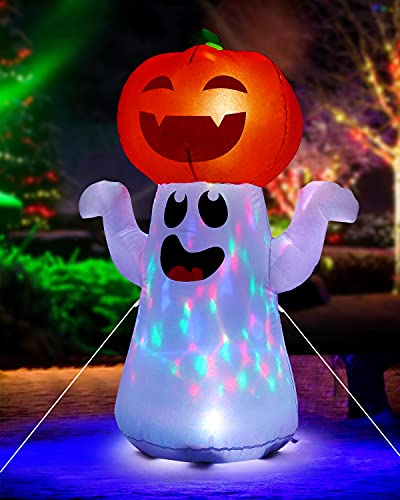 Zukakii 5Ft Halloween Decorations Inflatable Pumpkin Ghost Built-in 360° Rotating Magic Colorful Led Lights, Halloween Blow Up Cute Decor Clearance for Indoor Outdoor Home/Holiday/Party/Yard/Lawn