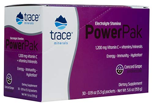 Trace Minerals | Power Pak Electrolyte Powder Packets | 1200 mg Vitamin C, Zinc, Magnesium | Boost Immunity, Hydration and Natural Energy | Concord Grape | 30 Packets