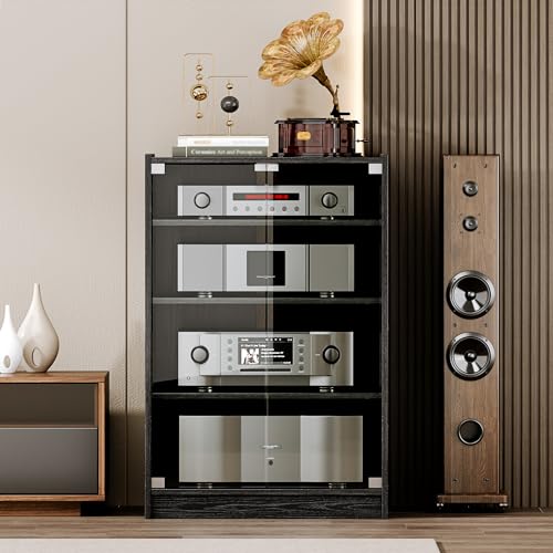 YYJ Modern Audio-Video Media Stand with 4 Height-Adjustable Shelves,AV Cabinet with Glass Doors,Media Storage Cabinet Storage for Entertainment Stereo Components for Living, Gaming, Recording Room