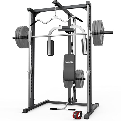 DONOW Smith Machine, Power Cage Power Rack Squat Rack with Smith Bar Home Gym System with LAT Pull Down Chest Station for Strengthen Training No Weights