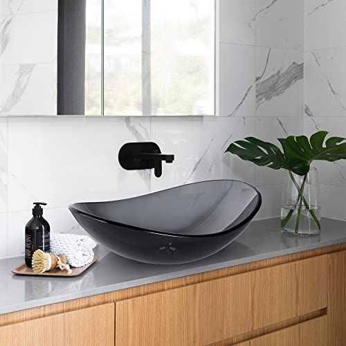 Aquaterior Oval Bathroom Vessel Sink Tempered Glass Vessel Sink Vanity Above Counter Top Mount Basin Clear Grey