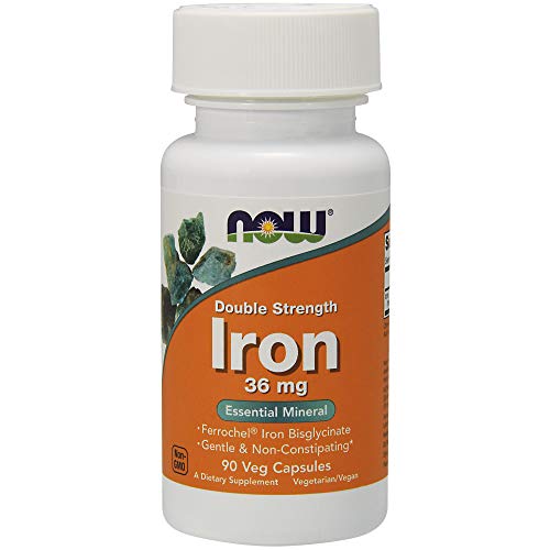 NOW Supplements, Iron 36 mg, Double Strength, Non-Constipating*, Essential Mineral, 90 Veg Capsules