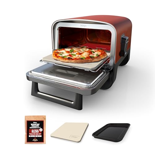 Ninja Woodfire Pizza Oven, 8-in-1 outdoor oven, 5 Pizza Settings, Ninja Woodfire Technology, 700°F high heat, BBQ smoker, wood pellets, pizza stone, electric heat, portable, terracotta red, OO101