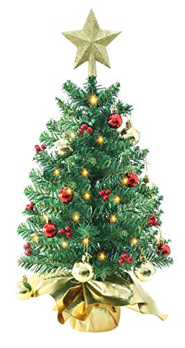 Liecho 24 Inch Tabletop Mini Christmas Tree, Miniature Pine Christmas Tree with Hanging Ornaments, Battery Operated Artificial Xmas Tree, Best DIY Christmas Decorations-Gold