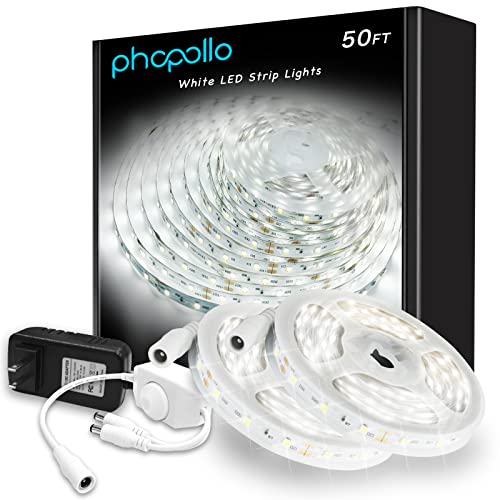 phopollo White LED Strip Lights, 50ft Dimmable 6500k Daylight White Led Light Strip, 900 LEDs 24V Led Lights for Bedroom, Mirror, Kitchen Decoration