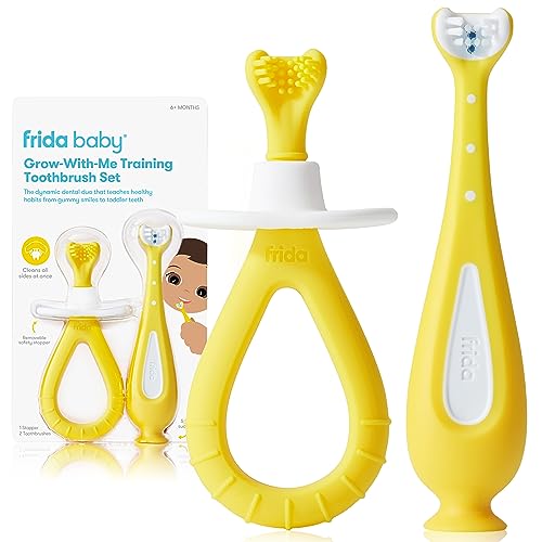 Frida Baby Grow-with-Me Training Toothbrush Set, Battery Powered | Infant to Toddler Toothbrush Oral Care for Sensitive Gums, Yellow, White