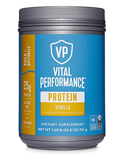 Vital Performance Protein Powder, 25g Lactose-Free Milk Protein Isolate Casein & Whey Blend, NSF for Sport Certified, 10g Grass-Fed Collagen Peptides, 8g EAAs, 5g BCAAs, Gluten-Free Vanilla, 1.68lb