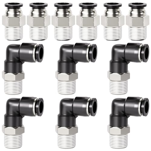 TAILONZ PNEUMATIC Elbow and Straight Combination 1/4 Inch Tube OD x 1/4 Inch NPT Thread Push to Connect Fittings PC-1/4-N2+PL-1/4-N2(Pack of 12)