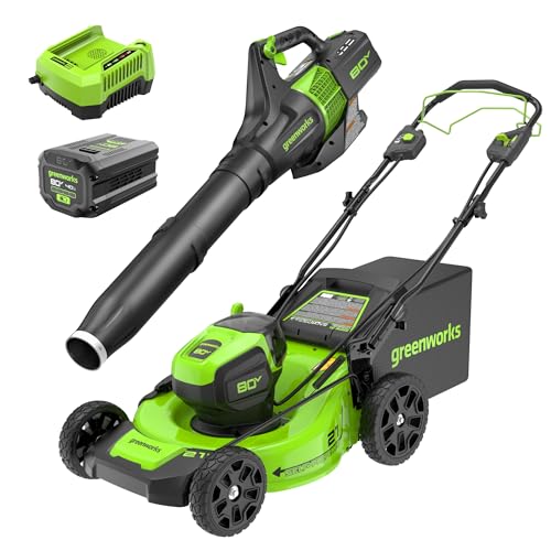Greenworks 80V 21” Brushless (Self-Propelled) Cordless Electric Lawn Mower + (580 CFM) Axial Leaf Blower (75+ Compatible Tools), 4.0Ah Battery and 60 Minute Rapid Charger