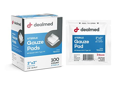 Dealmed Sterile Gauze Pads – 100 Count, 2’’ x 2’’ Disposable and Individually Wrapped Gauze Pads, Wound Care Product for First Aid Kit and Medical Facilities