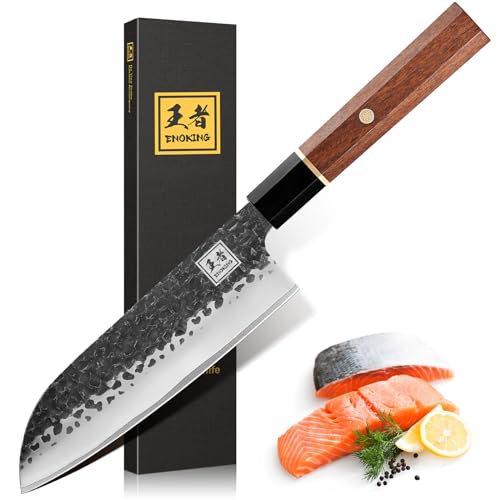 ENOKING Japanese Santoku Knife 7 Inch, High Carbon Steel Hand Forged Japanese Knife, 5 Layers 9CR18MOV Kitchen Chef Knife, Chopping Knife with Octagonal Rosewood Handle (Gift Box)