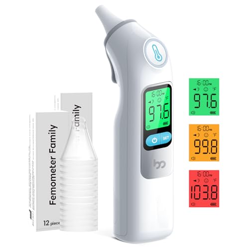 Femometer Family Ear Thermometer, Highly Accurate Ear Thermometer for Kids, Adults and Babies, 30 Memory Recall, 1s Result and 3-Color Fever Alert, with 24 Disposable Probe Covers, Home & Office Use