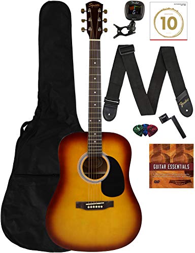 Fender Squier Dreadnought Acoustic Guitar Sunburst Bundle - With Gig Bag, Tuner, Strap, Strings, Winder, Picks, Lessons, and Instructional DVD