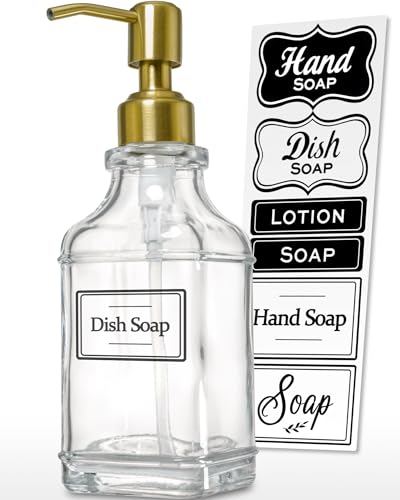 JASAI Antique Square Glass Soap Dispenser with Golden Rust Proof Pump, Refillable Soap Dispenser with 10Pcs Stickers for Kitchen, Dish Soap Dispenser for Kitchen Bathroom Soap, Hand soap, Lotion.