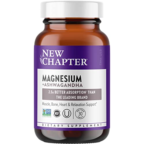 New Chapter Magnesium + Ashwagandha Supplement, 325 mg with Magnesium Glycinate, 2.5x Absorption, Muscle Recovery, Heart & Bone Health, Calm & Relaxation, Gluten Free, Non-GMO - 30 ct (1 Month Supply)