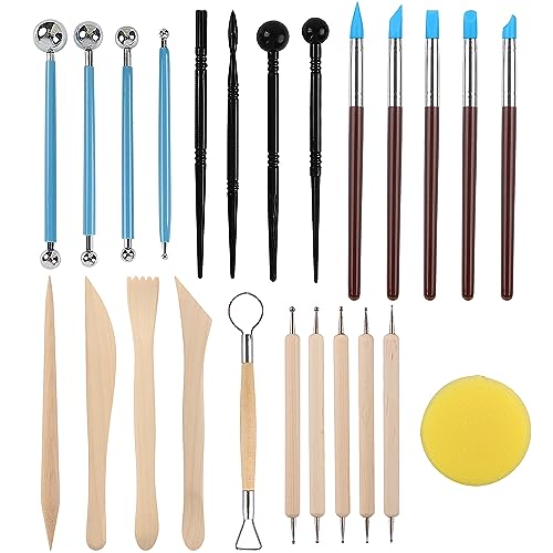 RUBFAC 24pcs Polymer Clay Tools Clay Sculpting Tools Set with Stylus and Rock Painting Kit - Air Dry Clay Modeling Tools for Pottery and Sculpture