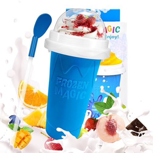 Slushy Maker Cup, DIY Magic Slushy Maker Squeeze Cup, Portable Smoothie Squeeze Cup for Juices, Milk and Ice Cream Make, Double Layers Silica Cup with Lid & Straw for Kids, Friends, Family (Blue)