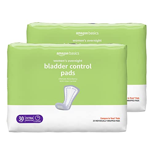 Amazon Basics Incontinence, Bladder Control & Postpartum Pads for Women, Overnight Absorbency, 60 Count, 2 Packs of 30 (Previously Solimo)