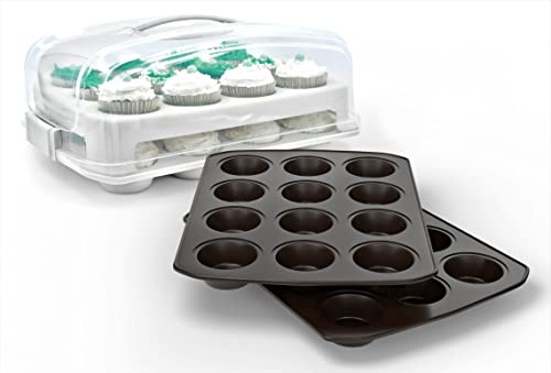 Top Shelf Elements Cupcake Carrier With Two Muffin Pan/Cupcake Pan Stylish Cupcake Carrier With Handle Carrier Holds 24 Cupcakes Muffin Tin Makes 12 Cupcakes each Non Stick Cupcake Tray For Baking