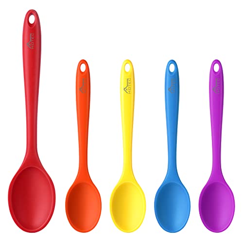 HOTEC Premium Silicone Serving Table Spoons Set - Heat-Resistant and Non-Stick Kitchen Utensils for Mixing, Stirring, and Serving - Dishwasher Safe and Durable, Set of 5 Multicolor