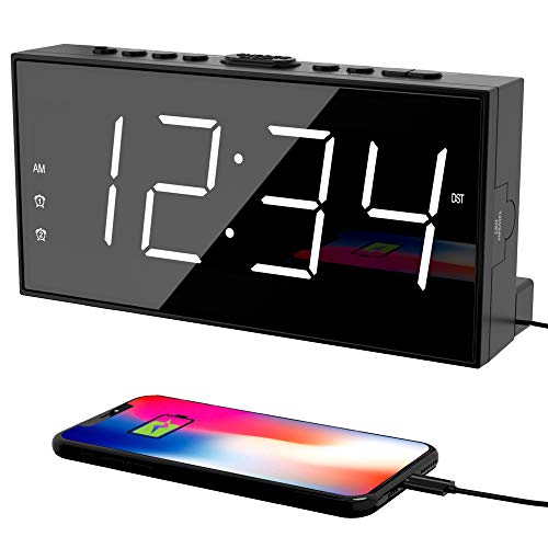 Alarm Clock for Bedroom, 2 Alarms Loud LED Big Display Plug in Simple Basic Digital Clock with USB Charging Port, Adjustable Volume, Dimmable, Snooze for Deep Sleepers Kids Elderly Home Office