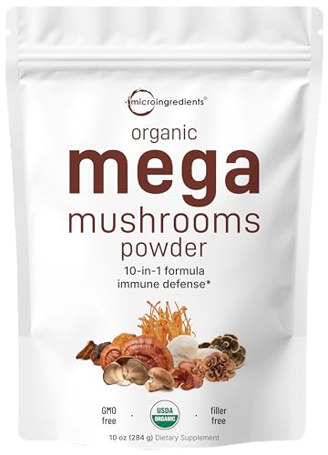 Sustainably US Grown, Organic Mega Mushroom 10 in 1 Complex Formula Powder for Immune System Booster, 10 Ounce (284 Days Supply), Chaga, Lions Mane, Cordyceps, Reishi & More, Filler Free, Vegan