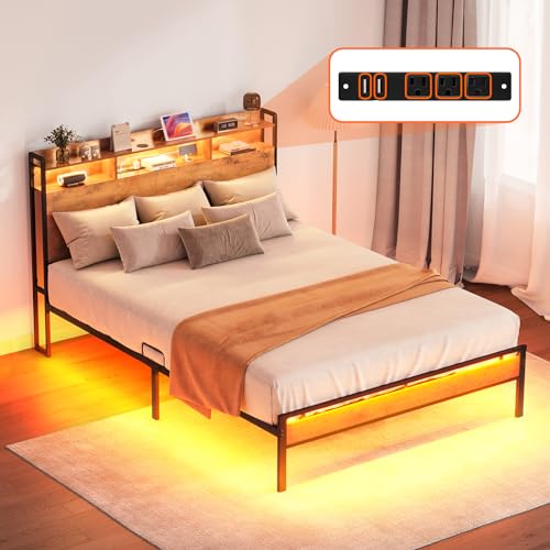 KKL Queen Bed Frame with Headboard, RGB LED Strip Light with Charing Station, 2 USB & 3 AC, Sturdy and Stable, No Noise, No Box Springs Needed, Rustic Brown