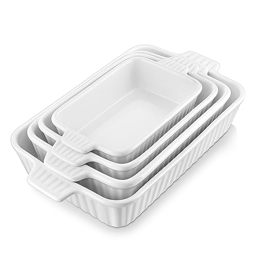 MALACASA Casserole Dishes for Oven, Porcelain Baking Dishes, Ceramic Bakeware Sets of 4, Rectangular Lasagna Pans Deep with Handles for Baking Cake Kitchen, White (9.4