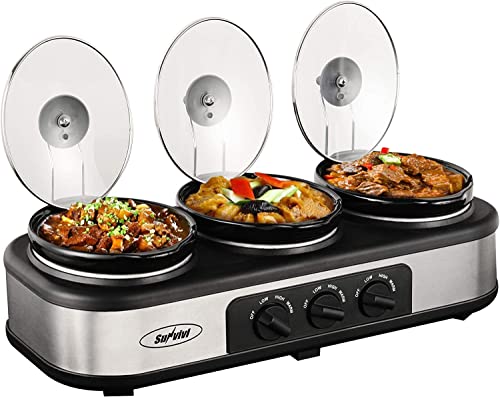 Sunvivi Triple Slow Cooker Buffet Server - 1.5 Quart Ceramic Pots with Adjustable Temp and Lid Rests, Stainless Steel, Total 4.5 Quarts