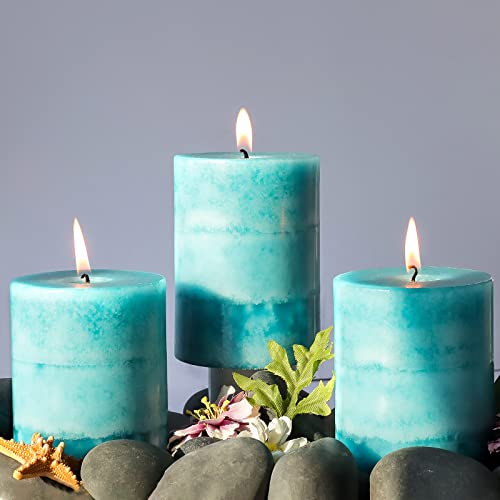 FLAVCHARM Pillar Candles Ocean Breeze Scented 3x4 inch Green Layered Coastal Decoration Clean Burning Long-Lasting Candles for Home Party Room Ocean Bathroom Decor - 3 Pack