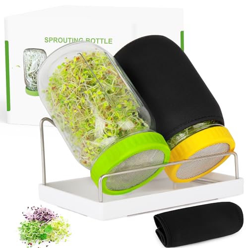Seed Sprouting Kit, 2 Large Wide Mouth Mason Jars with Sprout Lids, Blackout Sleeves, Drain Tray, Stainless Steel Stand, Sprouts Growing Kit for Bean, Broccoli, Alfalfa (Yellow+Green)