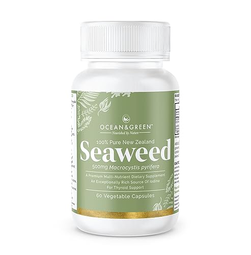 Oceangreen Organics Seaweed Kelp Supplements New Zealand | Premium - 100% Pure Organic & Natural - Multi-Nutrient & Thyroid Support Supplement - Natural Source of Iodine | 60 Vegetarian Capsules