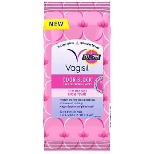 Vagisil Odor Block Daily Freshening Wipes for Feminine Hygiene in Resealable Pouch, Gynecologist Tested & Hypoallergenic, 20 Wipes (Pack of 1)