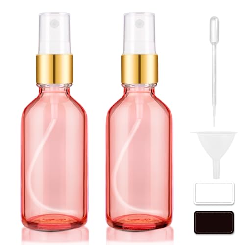 Tecohouse Glass Spray Bottles for Essential Oils, 4 oz Small Empty Refillable Sprayer Container with Golden Top, Labels, Funnel, Lids, Pipettes - Pocket Size 2 Pack - Pink