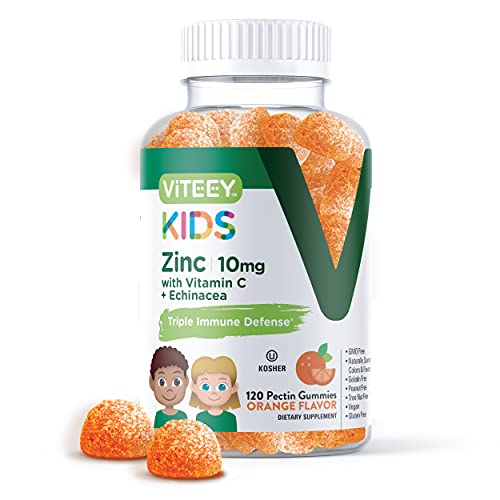 Zinc Gummies 10mg for Kids, with Vitamin C & Echinacea, 3 in 1 Immune Support Booster, Powerful Natural Antioxidant, Gelatin Free, Non-GMO Pectin Based, Orange Flavor Chewable Gummy Zinc Supplement…