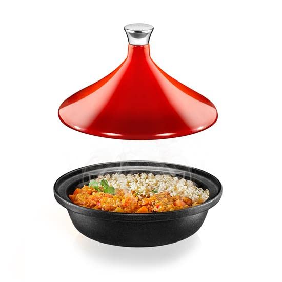 NutriChef NutriChefKitchen Tagine Moroccan Cooker 2.75-Quart Cooking Pot with Stainless Steel Knob, Base, and Cone-Shaped cast iron Enameled Lid (Red), One Size