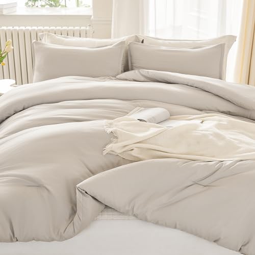 Litanika Linen Grey Comforter Set Full Size, 3 Pieces Lightweight Solid Bedding Set & Collections, All Season Fluffy Bed Set (79x90In Comforter & 2 Pillowcases)