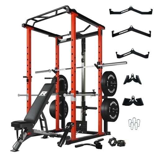 RitFit Power Cage with Optional LAT PullDown/Cable Crossover/Smith Machine System, 1000LB Squat Rack for Home & Garage Gym, with Weight Storage Rack and More Training Attachments, ASTM-Certified