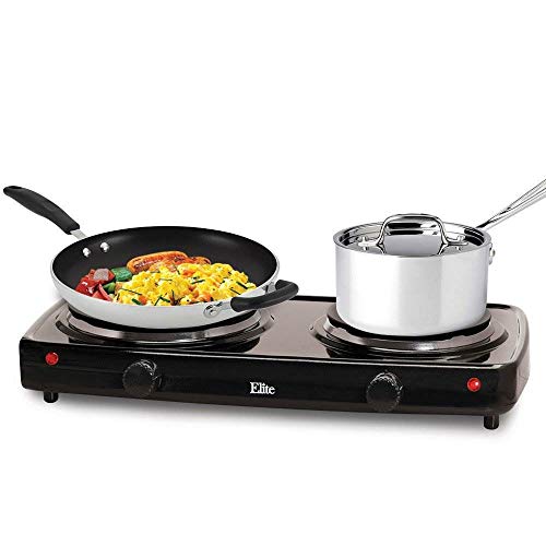 Elite Gourmet EDB-302BF Countertop Double Cast Iron Burner, 1500 Watts Electric Hot Plate, Temperature Controls, Power Indicator Lights, Easy to Clean, Black