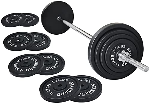 Signature Fitness Cast Iron Standard Weight Plates Including 5FT Standard Barbell with Star Locks, 95-Pound Set (85 Pounds Plates + 10 Pounds Barbell), Multiple Packages