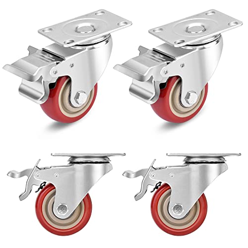 3 Inch Industrial Heavy Duty Swivel Caster Wheels with Brake,Set of 4 Safety Locking Casters,Load 1600lbs,Premium Polyurethane Wheels for Table, Trailer, Saw Table, Stage Toolbox, Bed, Corn Board