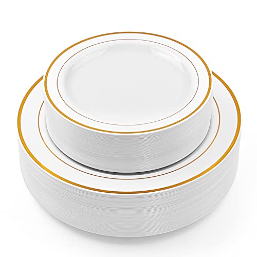BAYZZ 100 Pieces Gold Plastic Plates, 50 Pcs 10.25 Inch Dinner Plates and 50 Pcs 7.5 Inch Dessert Plates, Disposable Plates for Party,Wedding Plates, Party Plates with Gold Rim
