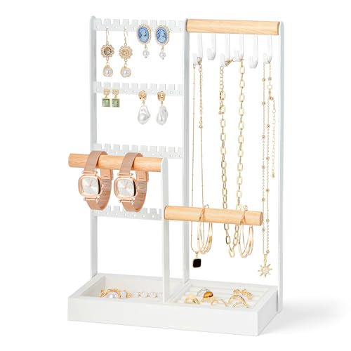 Zhithink Jewelry Organizer Stand, 4 Tiers Earring Organizer with 84 Holes, 6 Hooks for Necklace Holder Organizer, Bracelet Watch Holder, Velvet Storage Area for Rings, Jewelry Tower Display - White